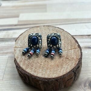 Beaded silver and blue post earrings